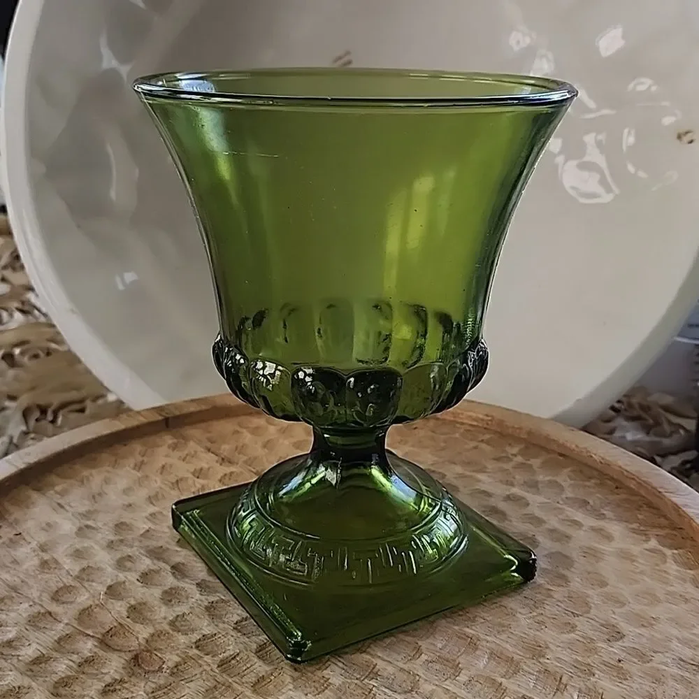 Vintage Avocado Green Pressed Glass Pedestal Vase